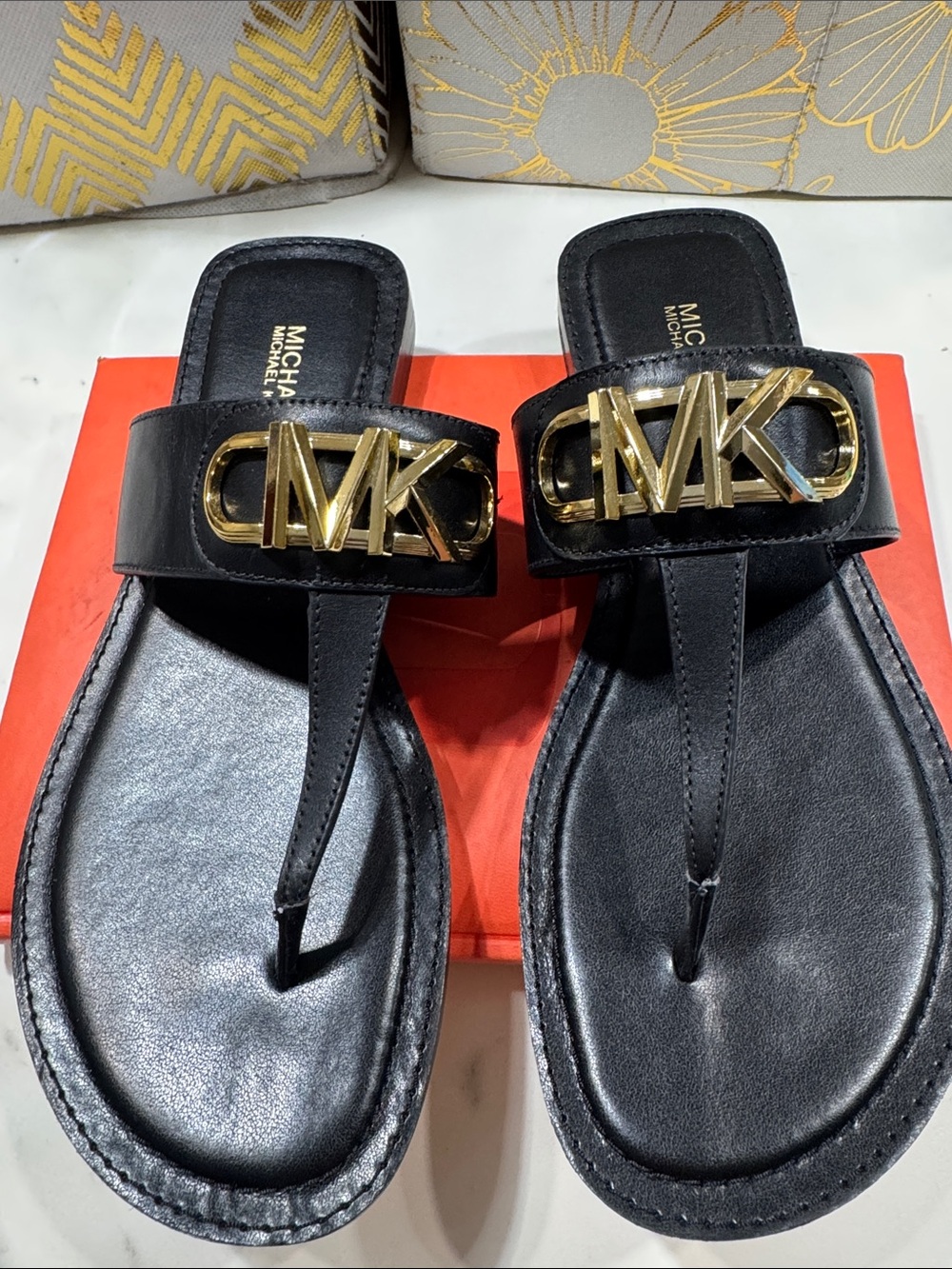 Michael Kors Black Leather Thong Sandals with Gold MK Logo